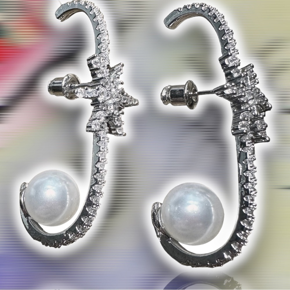 NEW CZ Over Lobe Drop Star Earrings With Reverse White Imitation Pearl - Picture 2 of 10